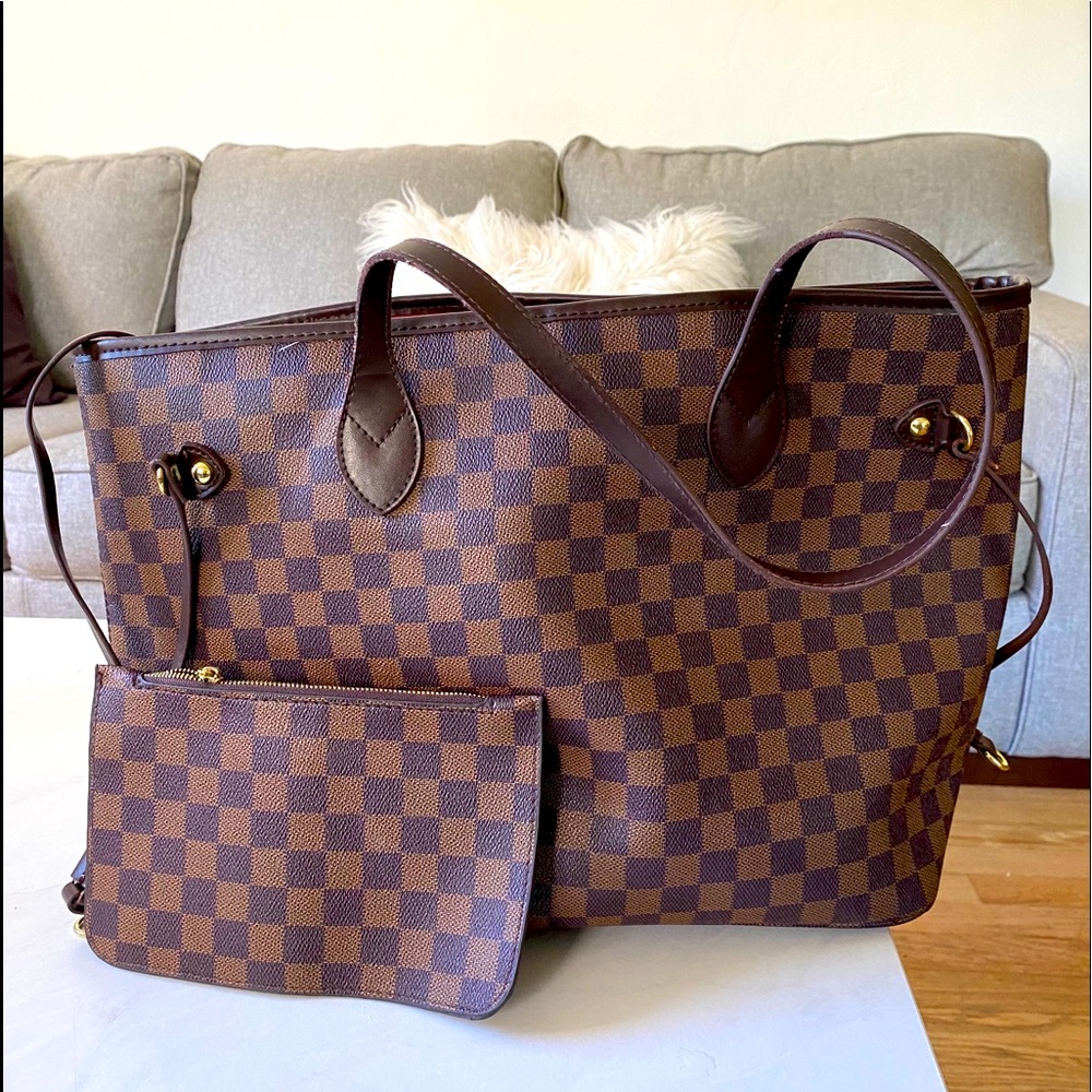 Checkered brown designer inspired carryall bag